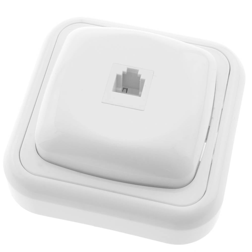 Base con toma de teléfono RJ11 de superficie con marco 80x80mm de color blanco