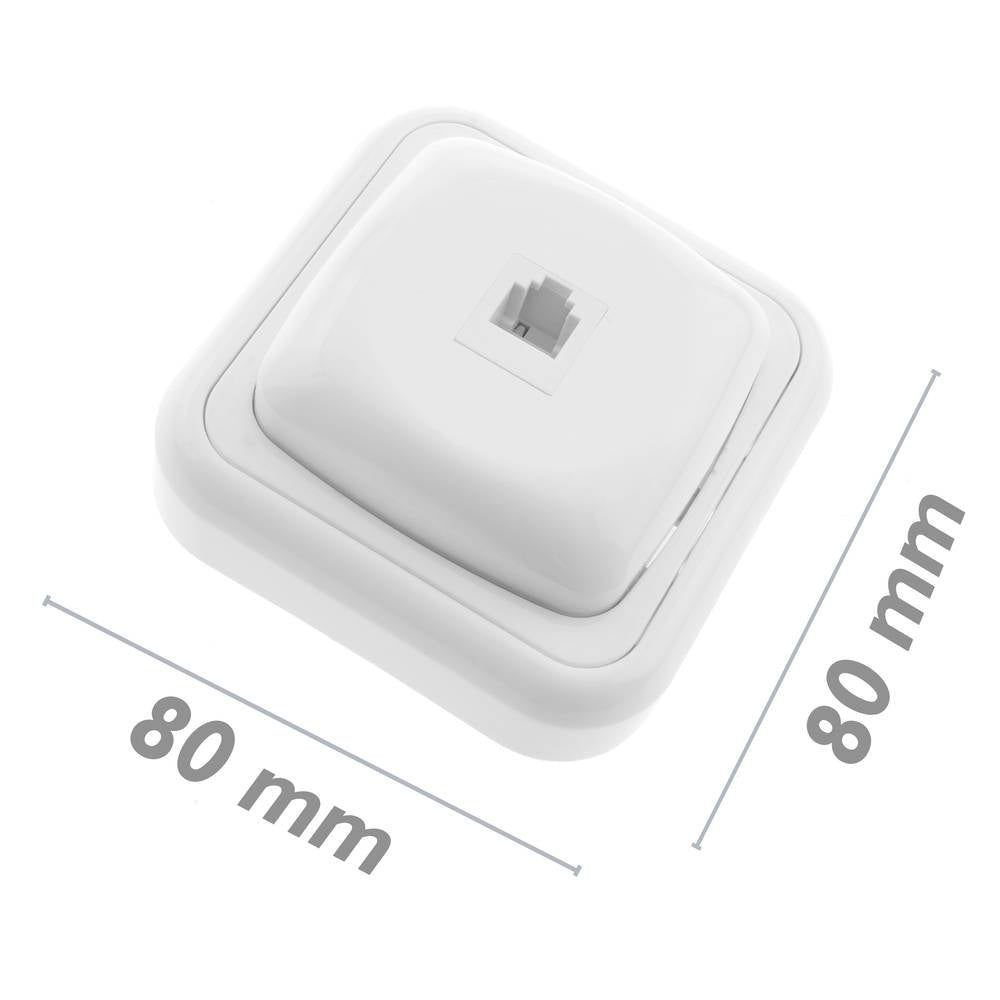 Base con toma de teléfono RJ11 de superficie con marco 80x80mm de color blanco