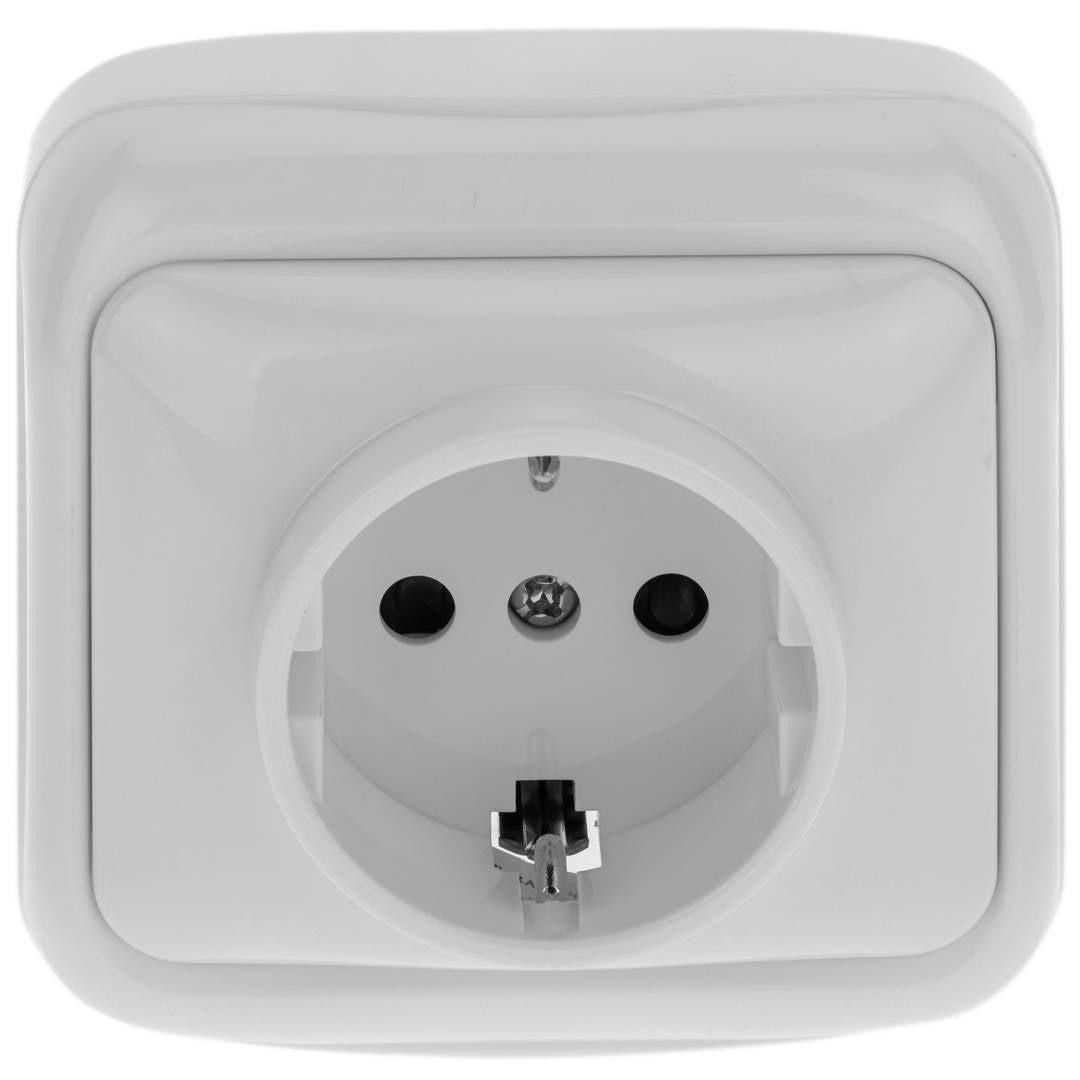 Base de enchufe schuko de superficie con marco 77x77mm de color blanco