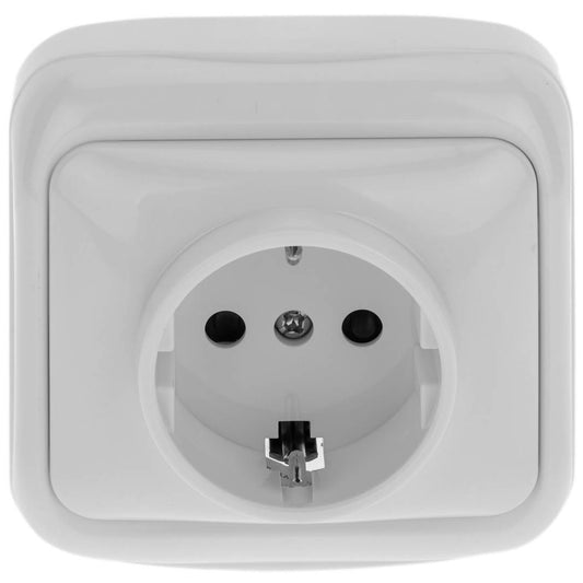 Base de enchufe schuko de superficie con marco 77x77mm de color blanco