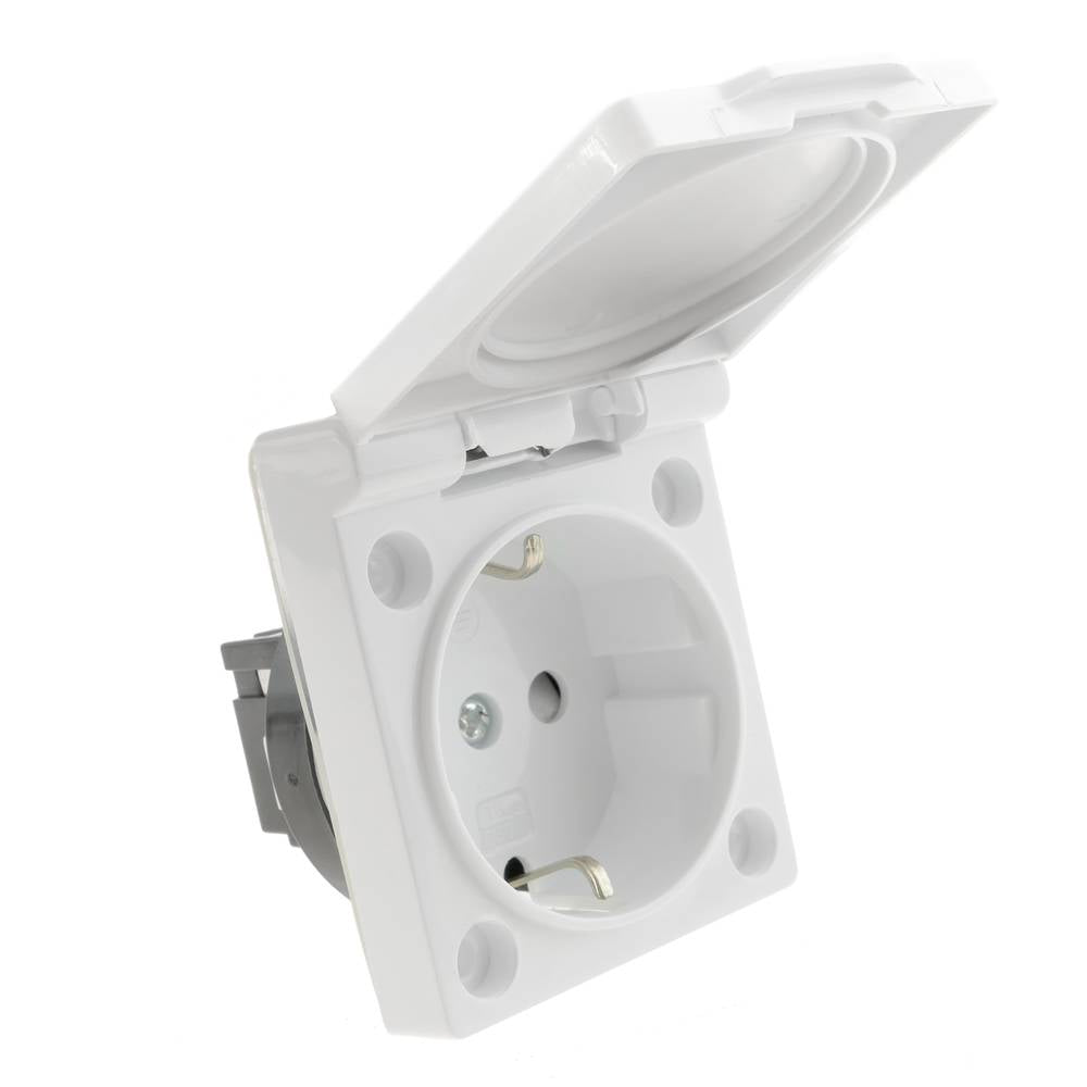 Base de enchufe schuko empotrable IP44 a tornillo con tapa de color blanco