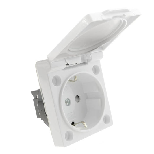 Base de enchufe schuko empotrable IP44 a tornillo con tapa de color blanco