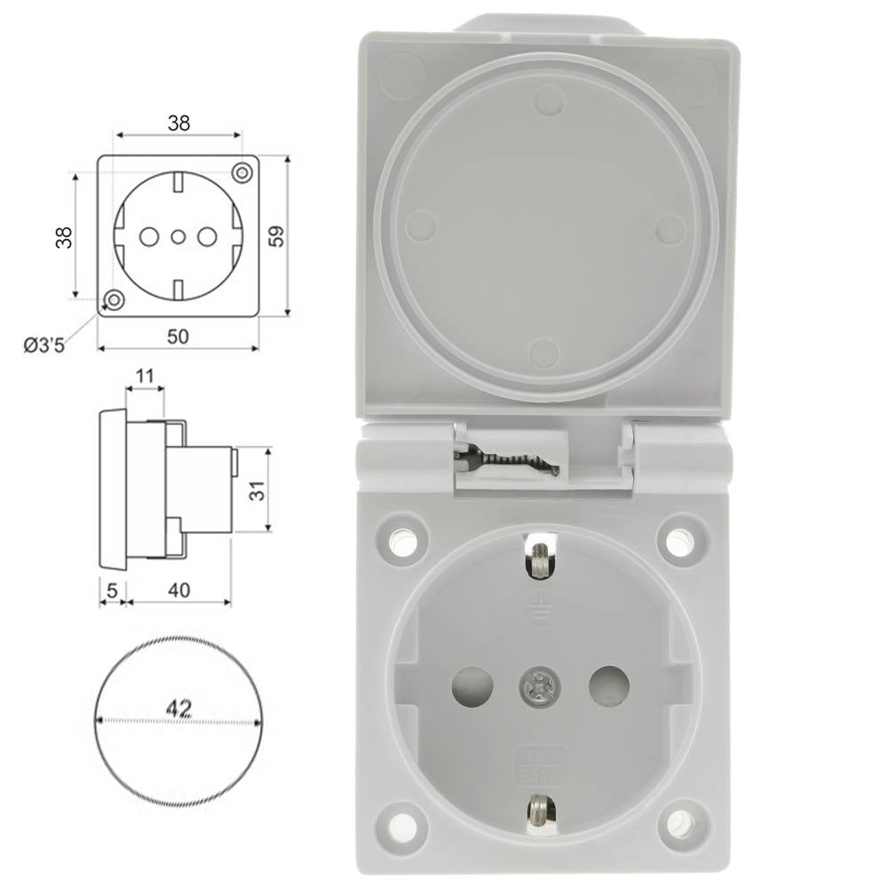 Base de enchufe schuko empotrable IP44 a tornillo con tapa de color blanco