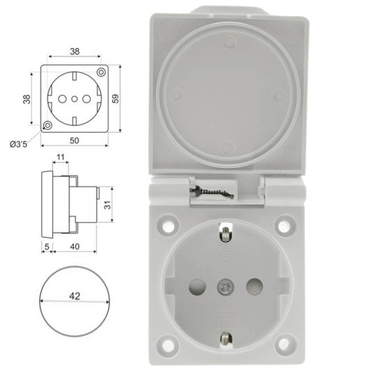Base de enchufe schuko empotrable IP44 a tornillo con tapa de color blanco