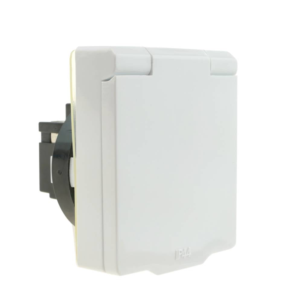 Base de enchufe schuko empotrable IP44 a tornillo con tapa de color blanco