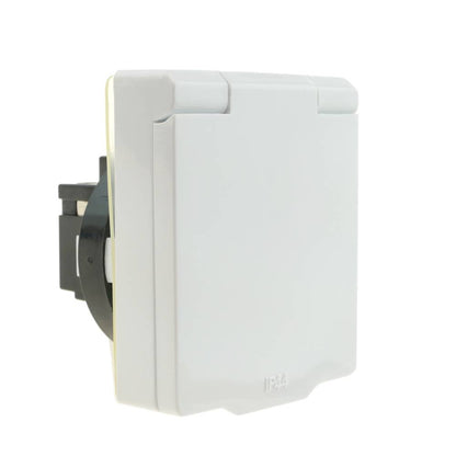 Base de enchufe schuko empotrable IP44 a tornillo con tapa de color blanco