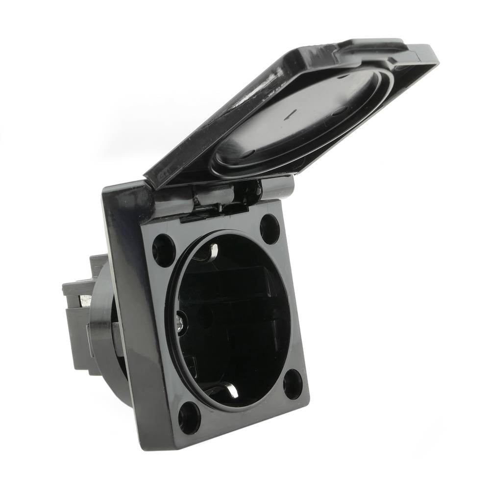 Base de enchufe schuko empotrable IP44 a tornillo con tapa de color negro