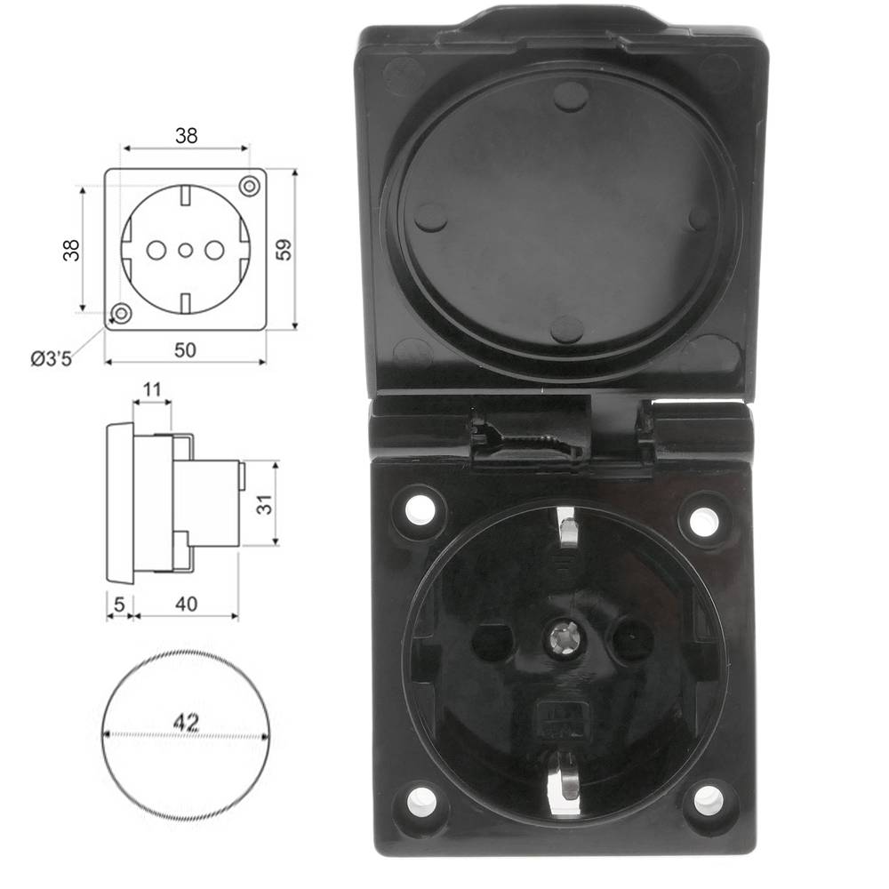 Base de enchufe schuko empotrable IP44 a tornillo con tapa de color negro