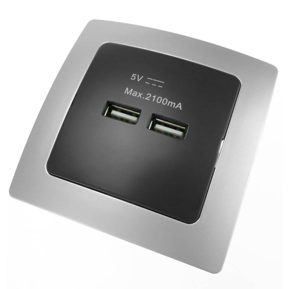 Base de enchufe 2 x USB A hembra 80x80mm para empotrar Lille plata y negro