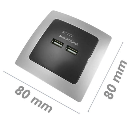 Base de enchufe 2 x USB A hembra 80x80mm para empotrar Lille plata y negro