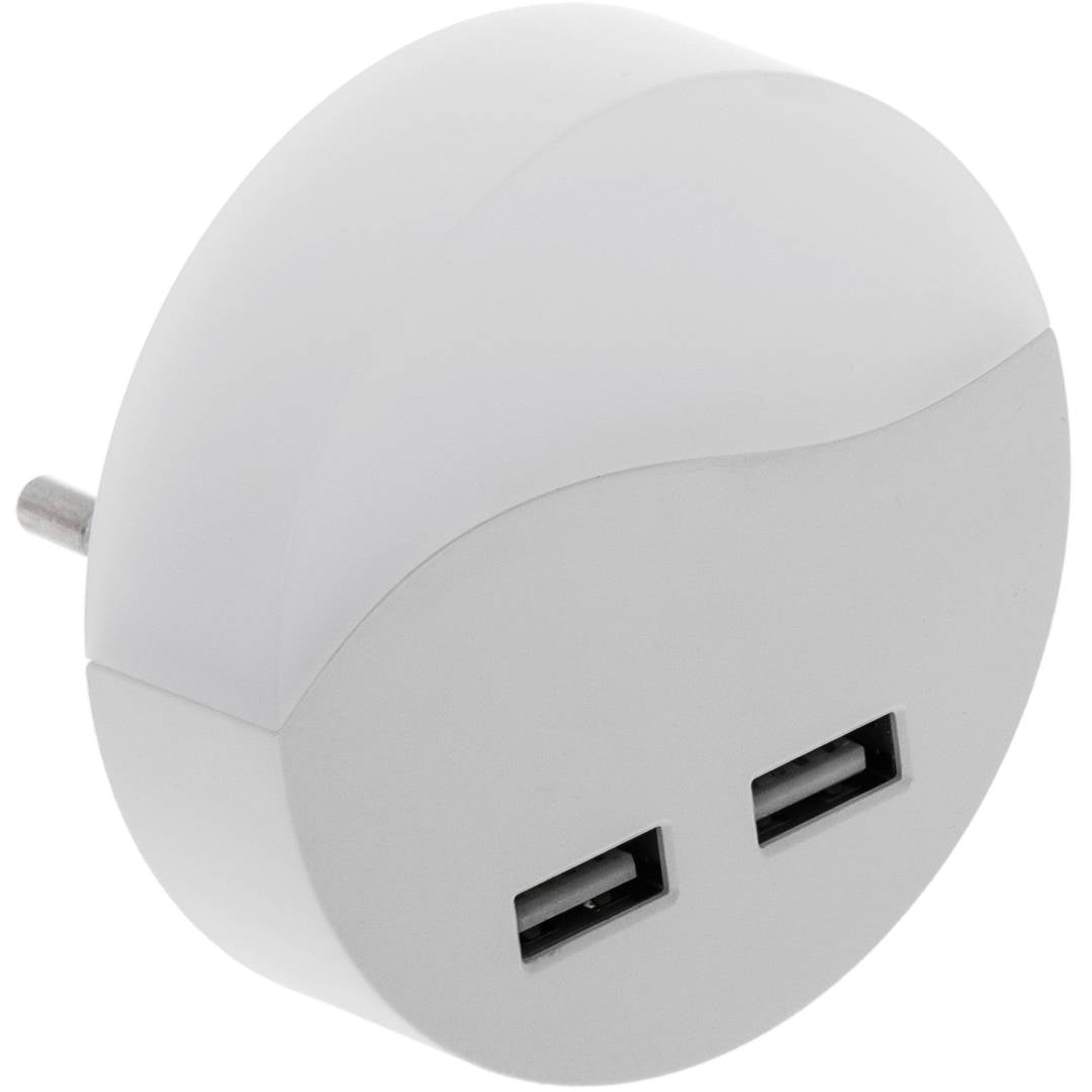 Piloto de luz LED nocturna redondo de tipo enchufe con sensor crepuscular 230VAC y 2 x USB