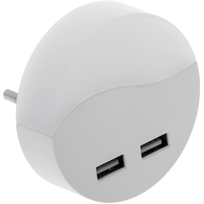 Piloto de luz LED nocturna redondo de tipo enchufe con sensor crepuscular 230VAC y 2 x USB