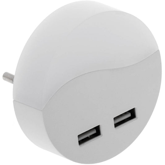 Piloto de luz LED nocturna redondo de tipo enchufe con sensor crepuscular 230VAC y 2 x USB