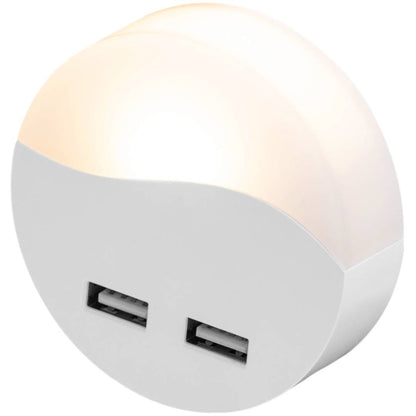 Piloto de luz LED nocturna redondo de tipo enchufe con sensor crepuscular 230VAC y 2 x USB