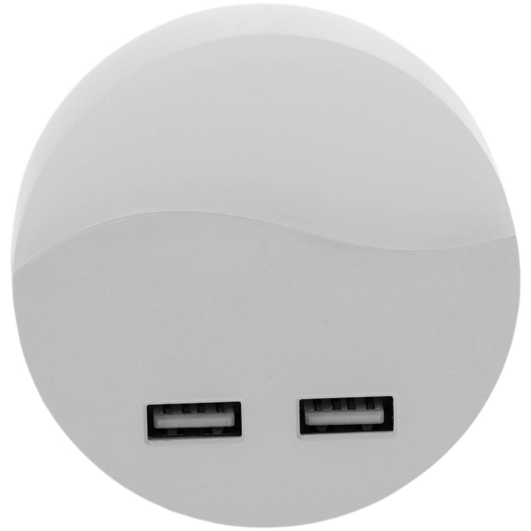 Piloto de luz LED nocturna redondo de tipo enchufe con sensor crepuscular 230VAC y 2 x USB