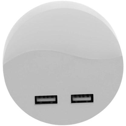 Piloto de luz LED nocturna redondo de tipo enchufe con sensor crepuscular 230VAC y 2 x USB