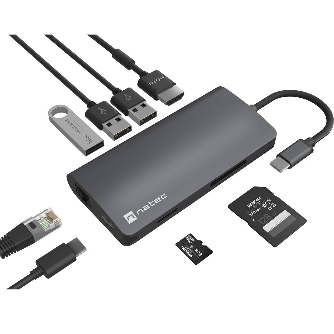 Adaptador multipuerto 8 en 1 USB-C a 3X USB 3.0, HDMI 4K, USB-C, RJ45, SD, Micro SD Natec Fowler 2 V2 NMP-2162