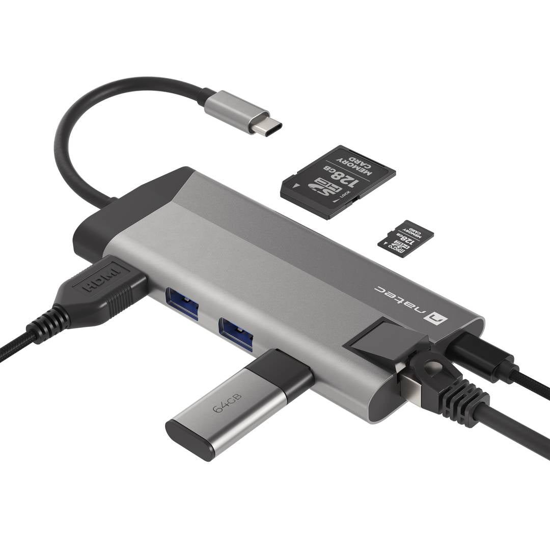 Adaptador multipuerto USB-C 8 en 1 hub 3 puertos USB 3.0, HDMI 4K, USB-C PD, RJ45, SD, micro SD Natec Fowler Plus NMP-1690
