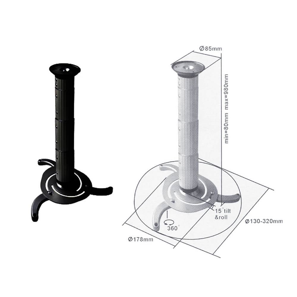Soporte de techo para proyector de mástil redondo de 8 cm a 98 cm