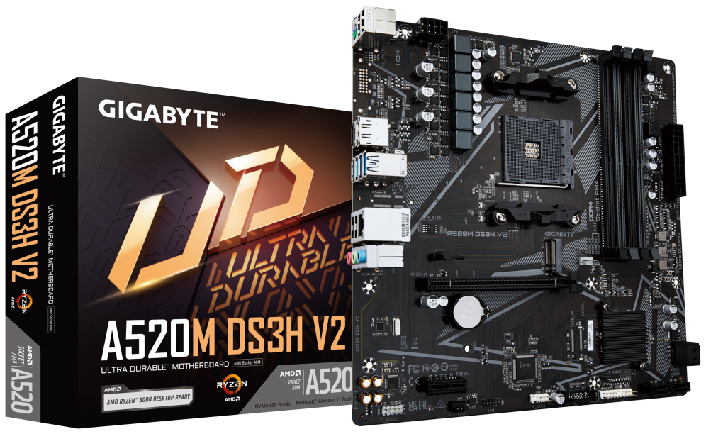 GIGABYTE Placa base A520M DS3H V2 - Soporta CPUs AMD Ryzen serie 5000 AM4, hasta 4733 MHz DDR4 (OC), PCIe 3.0 x16, LAN GbE, USB 3.2 Gen 1