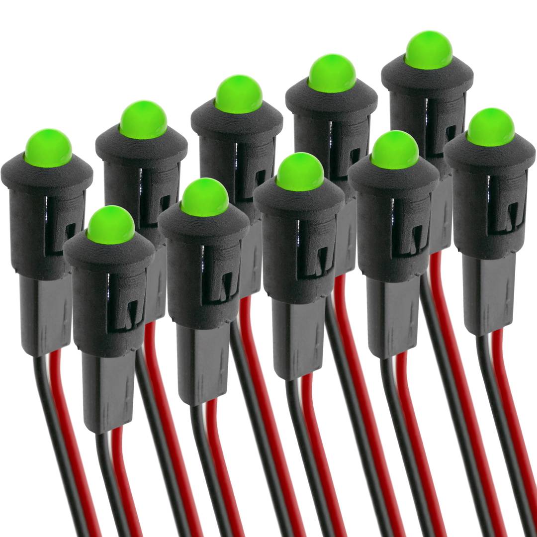 Luz LED piloto de 8mm 12VDC de color verde 10-pack