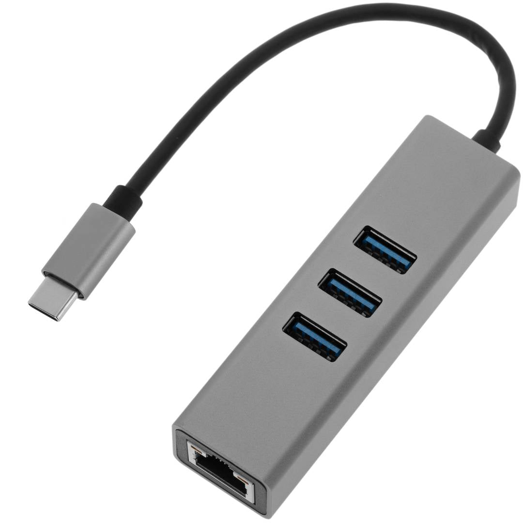 Conversor de USB-C 3.0 a 3xUSB 3.0 y Ethernet RJ45 color gris