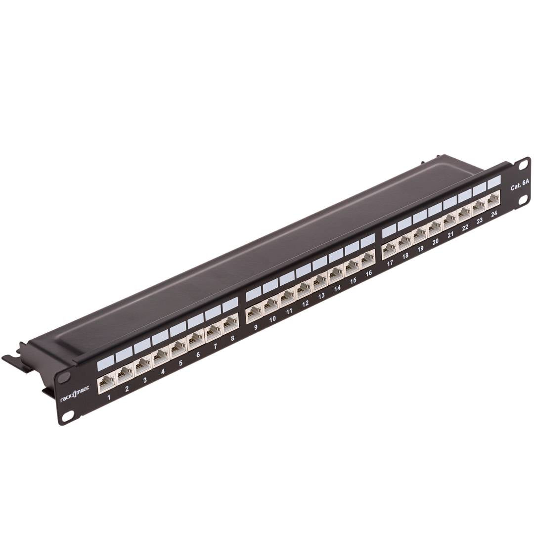 Patch panel rack 24 RJ45 Cat.6A FTP 1U negro con peine para gestión de cables