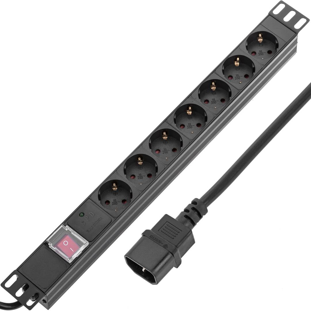 Regleta de enchufes para armario rack 19' 1U con 7 schuko e interruptor y cable 2 metros C14