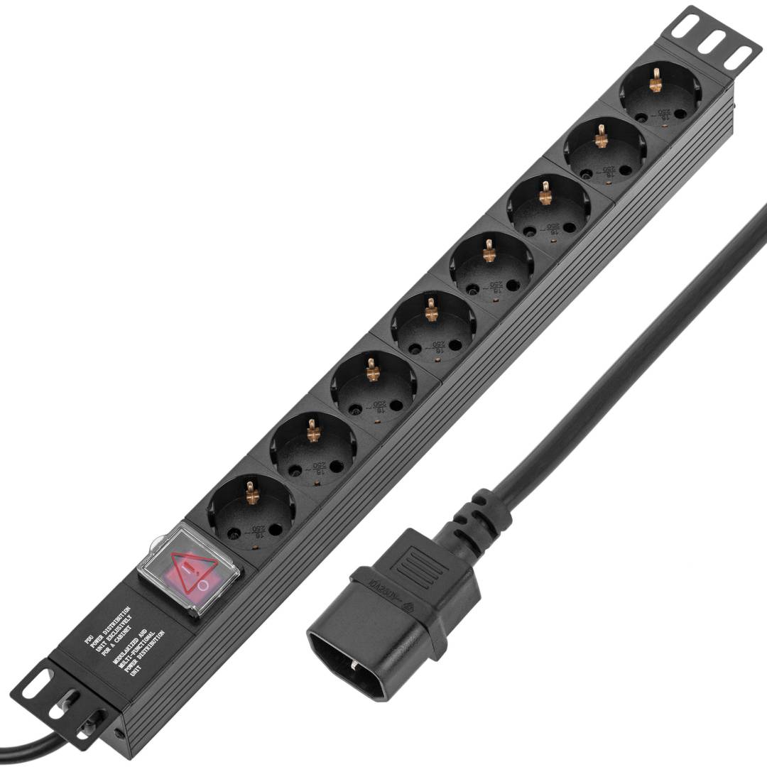 Regleta de enchufes para armario rack 19' 1U con 8 schuko e interruptor y cable de 3 metros C14