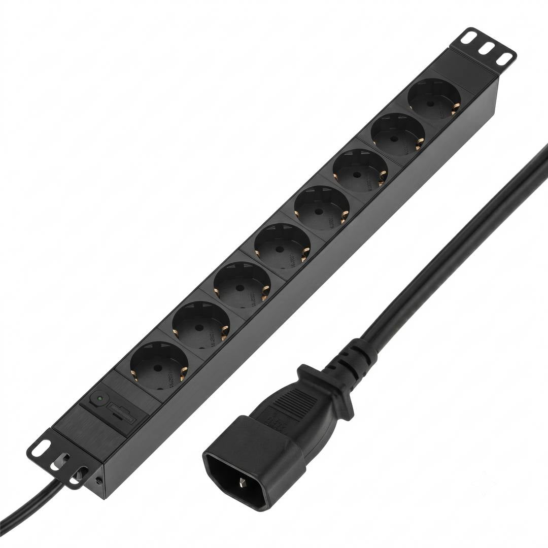 Regleta de enchufes de aluminio para armario rack 19' 1U con 8 Schuko y conector C14