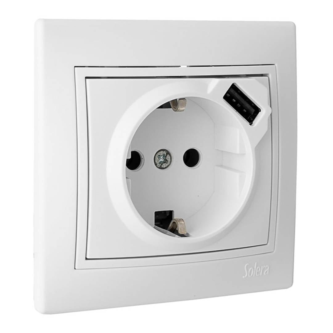 Base fija de empotrar de 2P+T 16A 250V con USB de 2,1A 5V 83x81x10mm Solera ERP60USB-U
