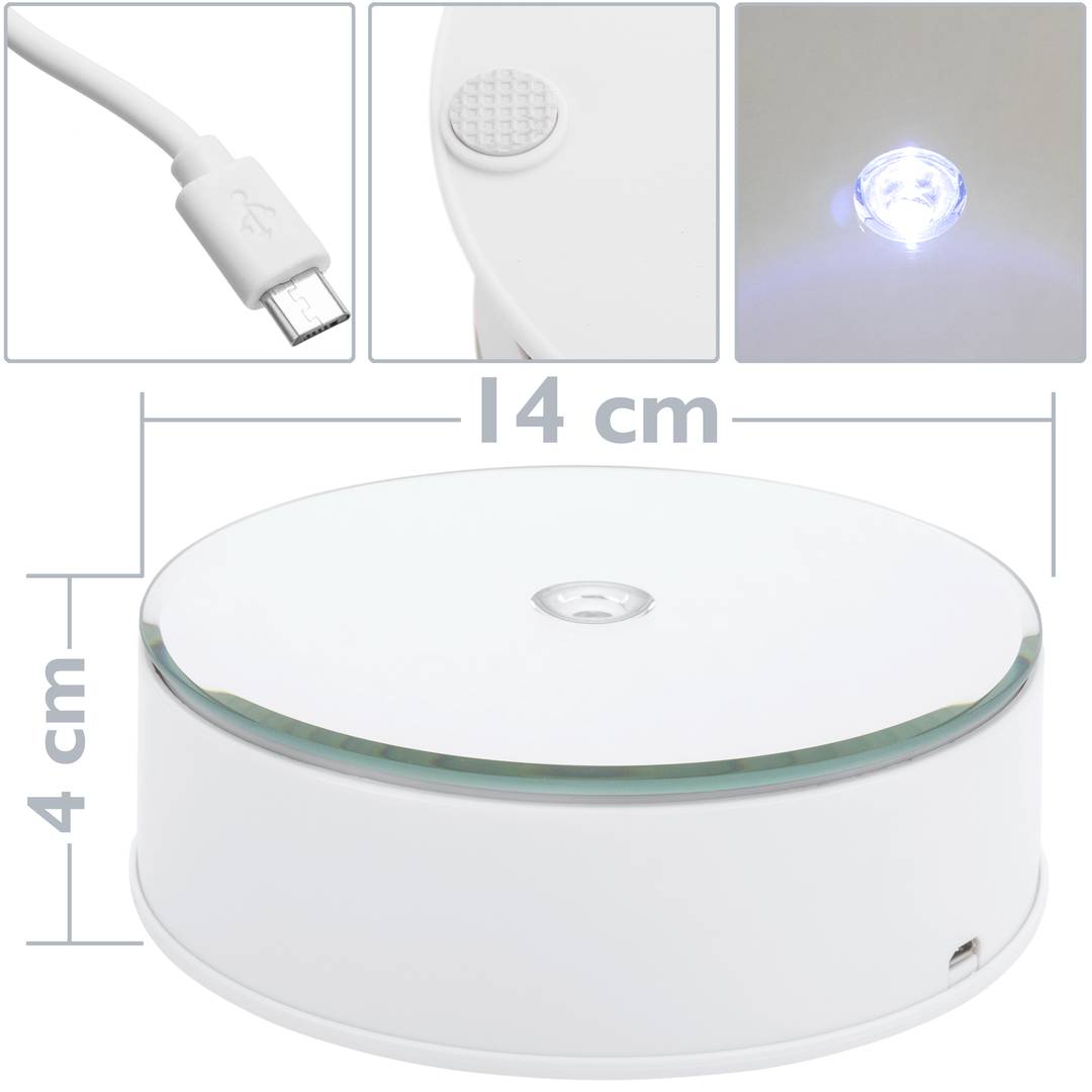 Base giratoria eléctrica 14cm blanco con espejo. Plataforma rotatoria con iluminación LED