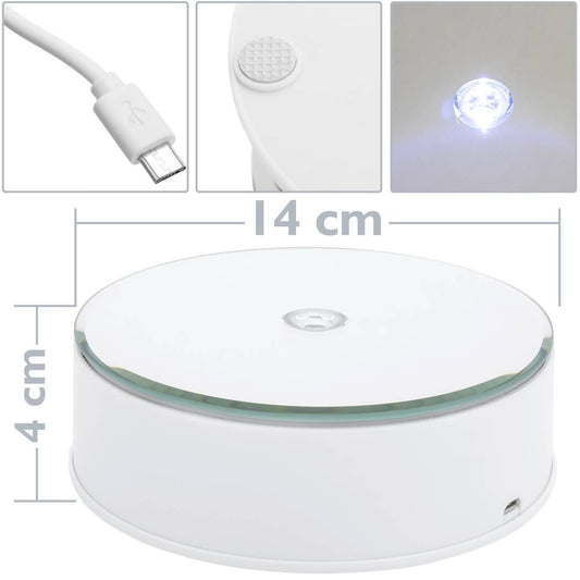 Base giratoria eléctrica 14cm blanco con espejo. Plataforma rotatoria con iluminación LED