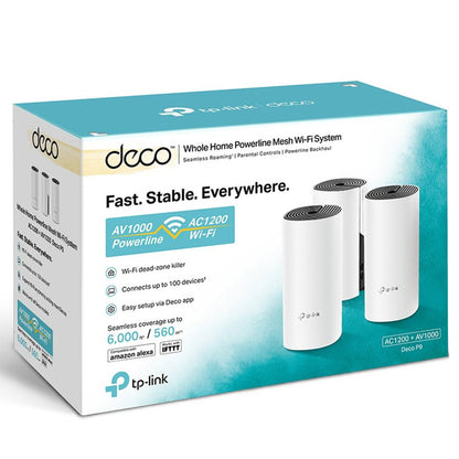 Sistema WiFi Mesh Híbrido TP-Link Deco P9 AC1200+AV1000. Pack de 3 unidades