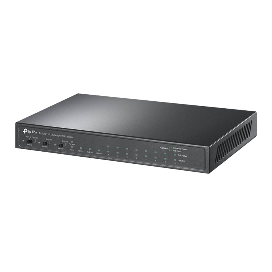 Switch No gestionable TP-LINK de 8 puertos 10/100 con 2 puertos Gigabit y 1 puerto SFP.