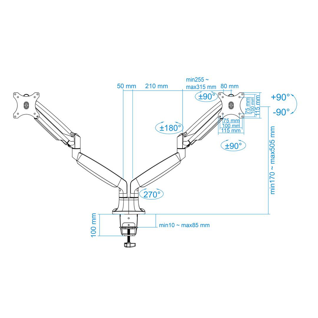 Soporte de mesa ajustable TooQ para 2 pantallas de 13' - 32' VESA75x75 hasta 100x100 mm DB3132TNR-S