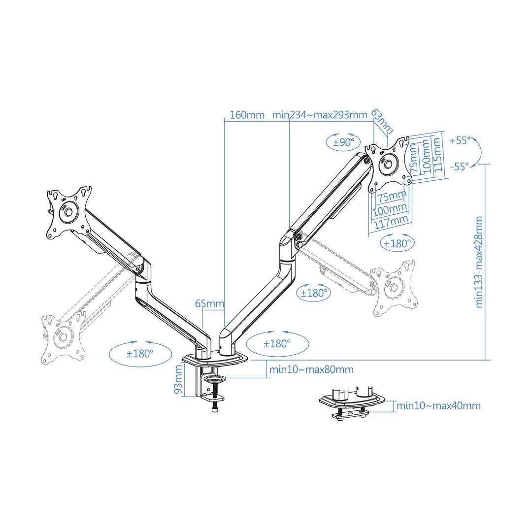 Soporte de mesa ajustable TooQ para 2 pantallas de 13' - 32' VESA75x75 hasta 100x100 mm DB4132TNR-W