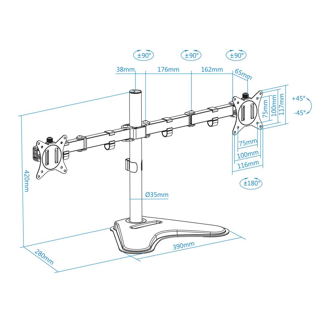 Soporte de mesa ajustable TooQ para 2 pantallas de 17' - 32' VESA75x75 hasta 100x100 mm DB1702TN-B