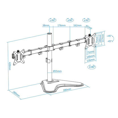 Soporte de mesa ajustable TooQ para 2 pantallas de 17' - 32' VESA75x75 hasta 100x100 mm DB1702TN-B