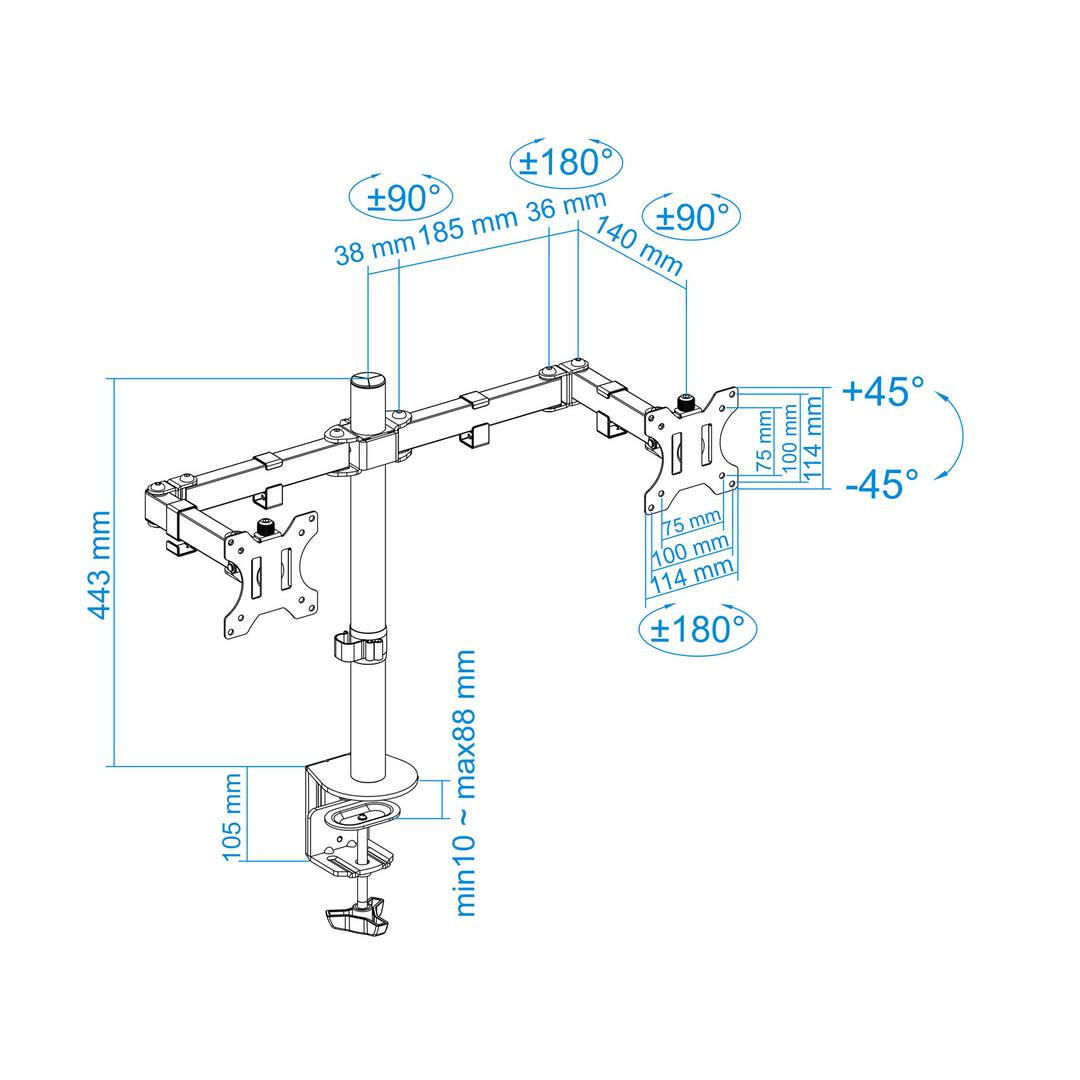 Soporte de mesa ajustable TooQ para 2 pantallas de 13' - 32' VESA75x75 hasta 100x100 mm DB1232TN-B
