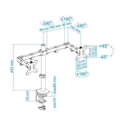 Soporte de mesa ajustable TooQ para 2 pantallas de 13' - 32' VESA75x75 hasta 100x100 mm DB1232TN-B