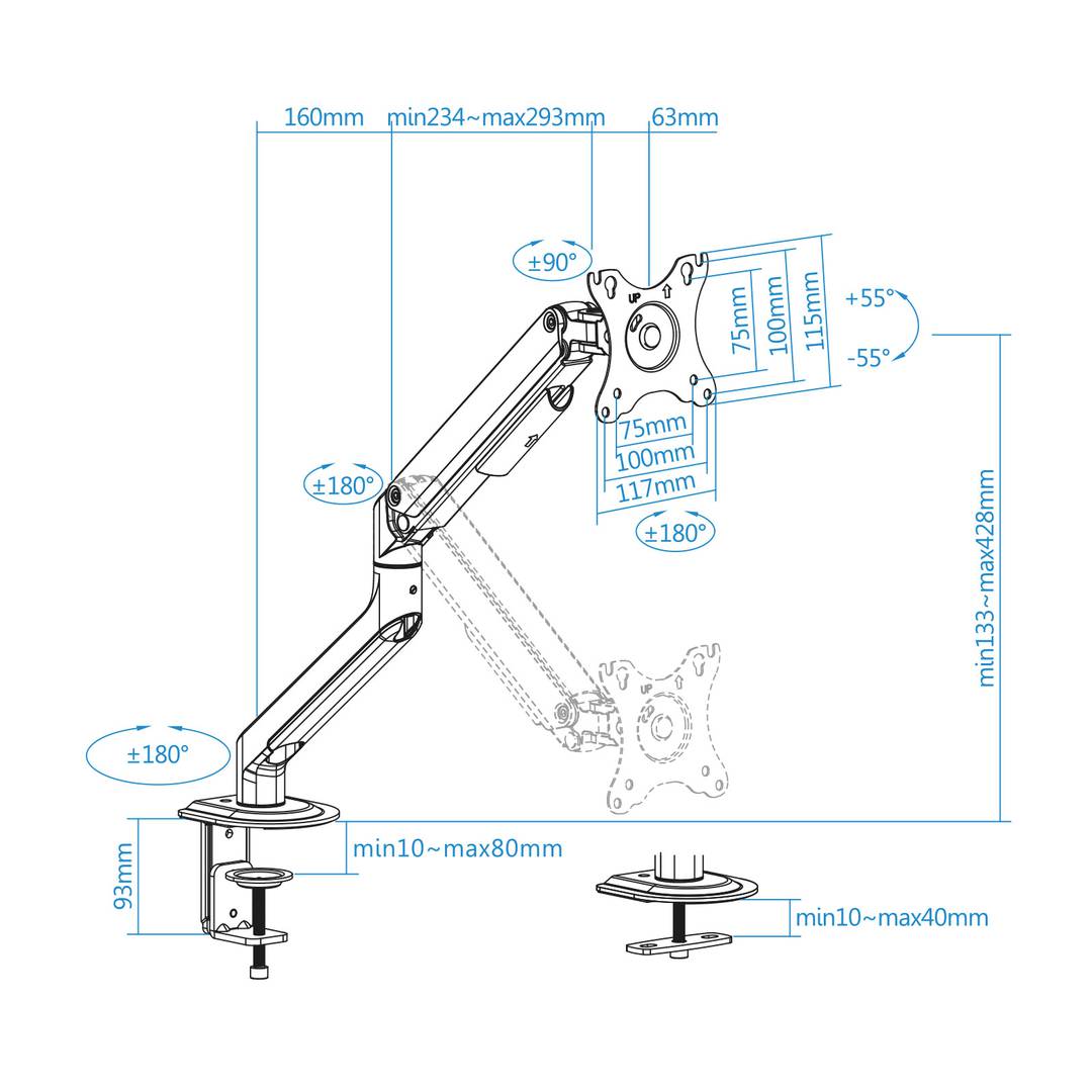 Soporte de mesa ajustable TooQ para pantallas de 17' - 32' VESA75x75 hasta 100x100 mm DB4032TNR-W