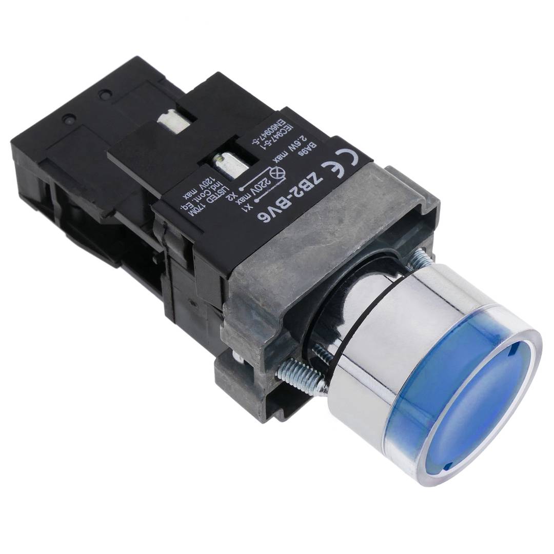 Pulsador de enganche 22mm 220V 10A con bloqueo y luz LED azul