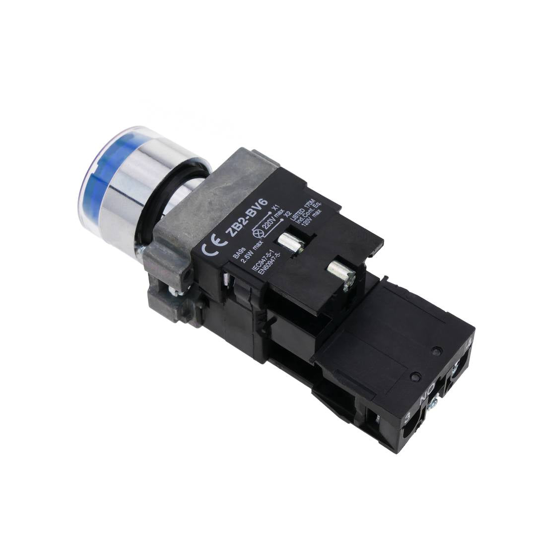 Pulsador de enganche 22mm 220V 10A con bloqueo y luz LED azul
