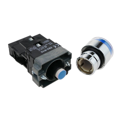 Pulsador de enganche 22mm 220V 10A con bloqueo y luz LED azul