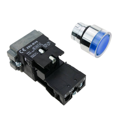 Pulsador de enganche 22mm 220V 10A con bloqueo y luz LED azul