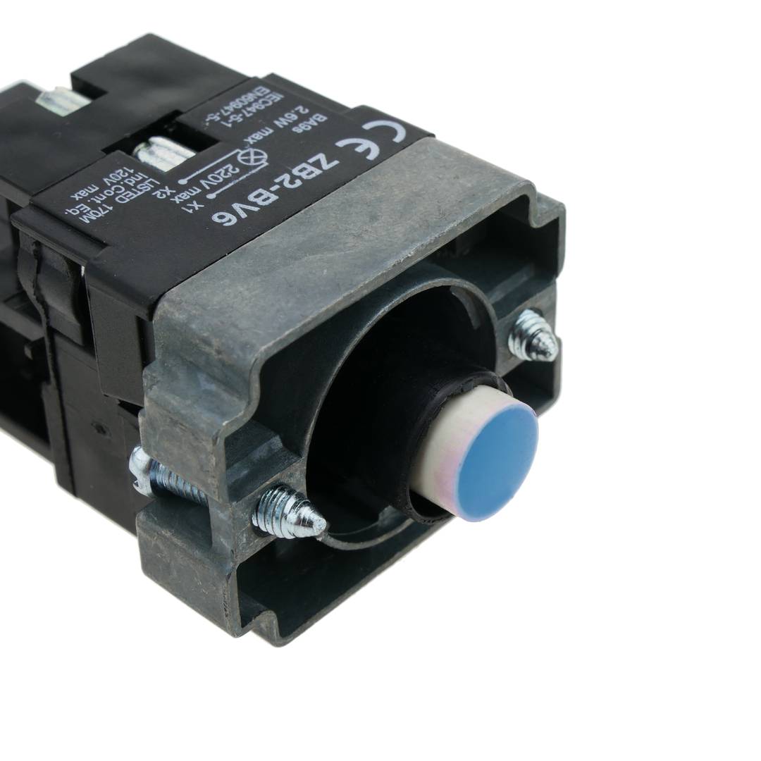 Pulsador de enganche 22mm 220V 10A con bloqueo y luz LED azul