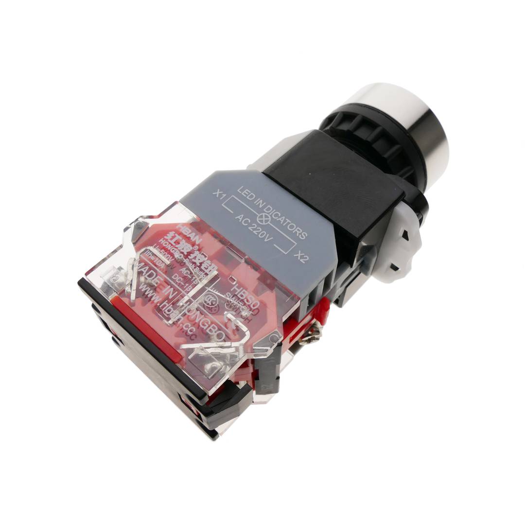 Pulsador de enganche 22mm 220V 10A con bloqueo y luz LED