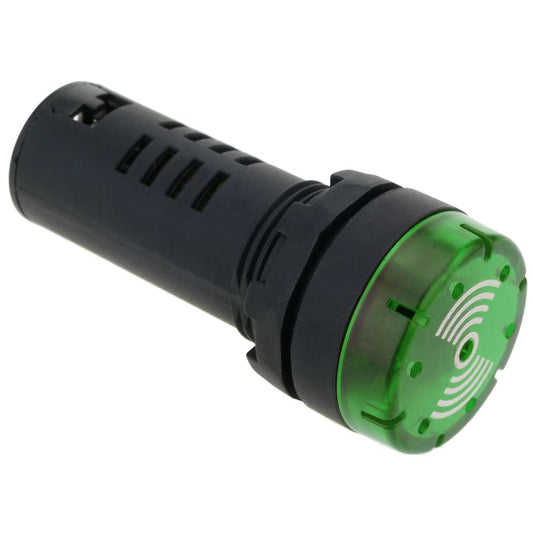Luz piloto LED intermitente con zumbador de 22 mm para paneles de control 220 VAC verde