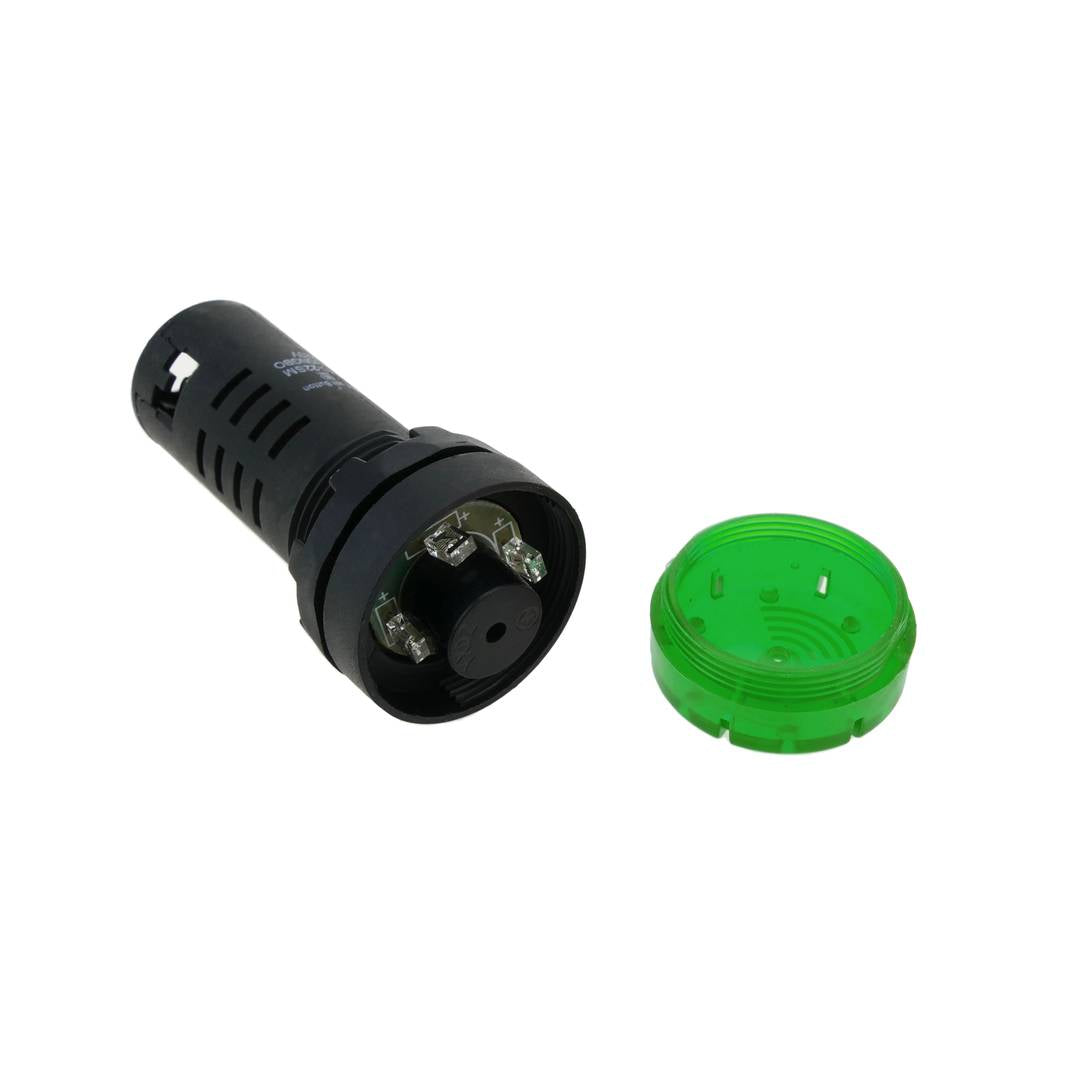 Luz piloto LED intermitente con zumbador de 22 mm para paneles de control 220 VAC verde